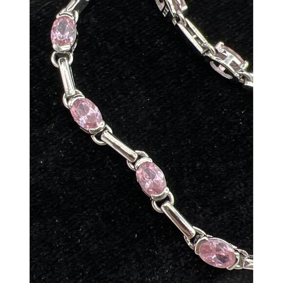 Sterling Silver Pink Gemstone Link Bracelet With Detailed Chain Design - Picture 6 of 6